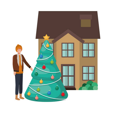 man with christmas tree outside the house vector illustration desingのイラスト素材