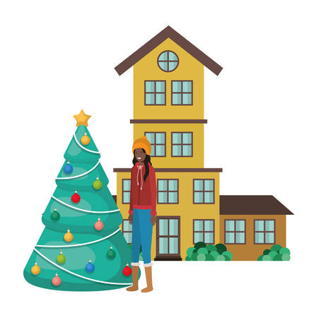 woman with christmas tree outside the house vector illustration desingのイラスト素材