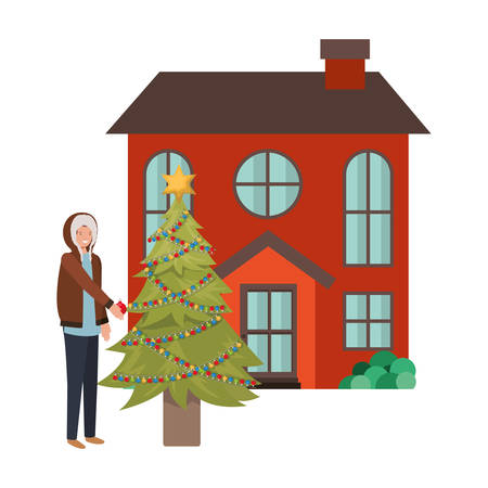 man with christmas tree outside the house vector illustration desingのイラスト素材