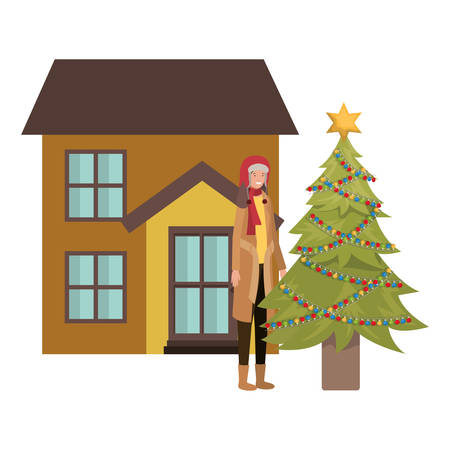 woman with christmas tree outside the house vector illustration desingのイラスト素材