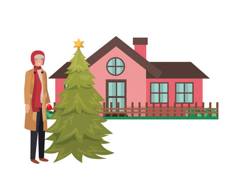 man with christmas tree outside the house vector illustration desingのイラスト素材