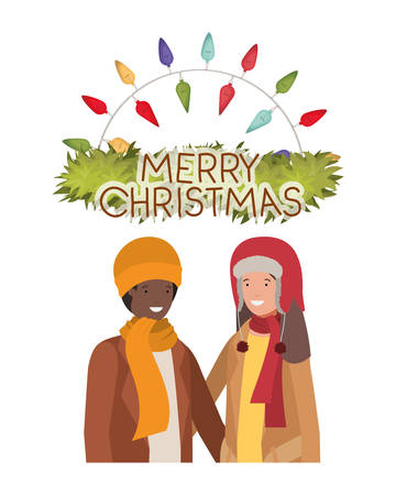 couple with christmas garland avatar character vector illustration desingのイラスト素材