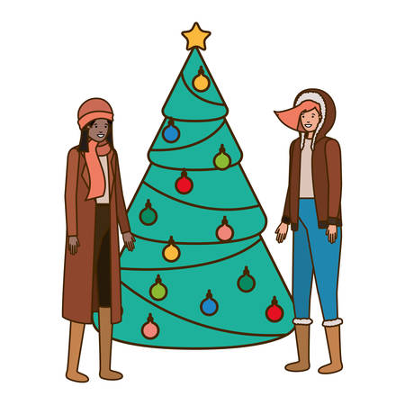 women with christmas tree avatar character vector illustration desingのイラスト素材