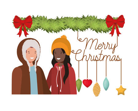 couple with christmas garland avatar character vector illustration desingのイラスト素材