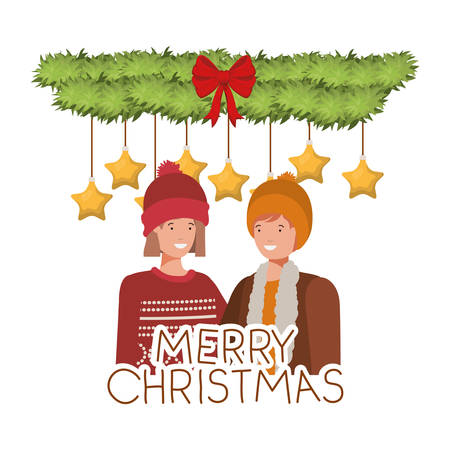 couple with christmas garland avatar character vector illustration desingのイラスト素材
