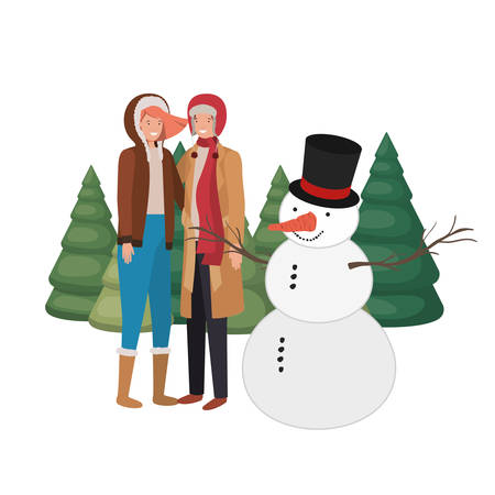 couple with snowman and pine trees vector illustration desingのイラスト素材