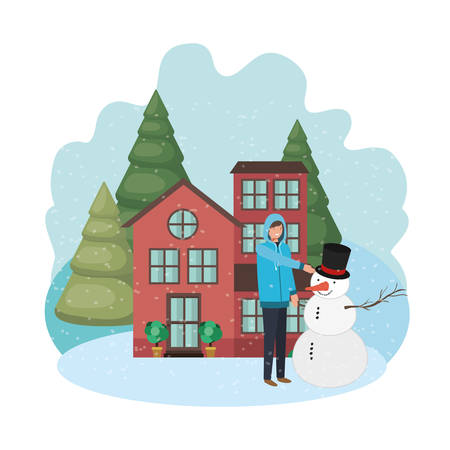 man with snowman and house in winter vector illustration desingのイラスト素材