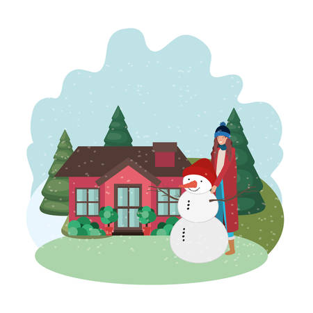 woman with snowman and house in winter vector illustration desingのイラスト素材