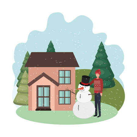 man with snowman and house in winter vector illustration desingのイラスト素材