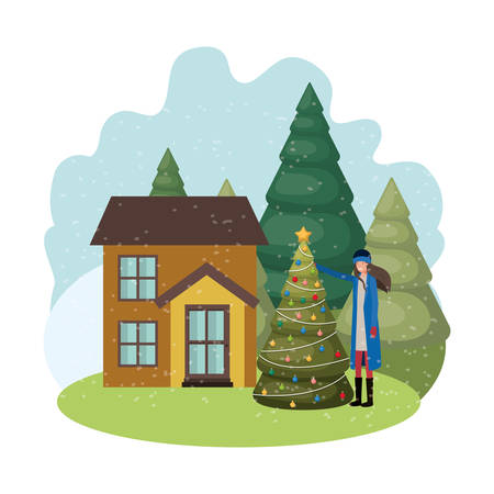 woman with christmas tree outside of the house vector illustration desingのイラスト素材