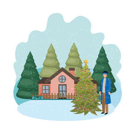 man with christmas tree outside of the house vector illustration desingのイラスト素材