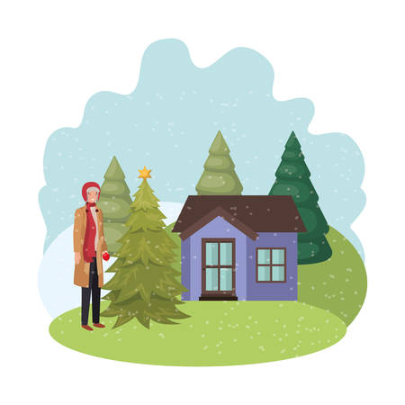 man with christmas tree outside of the house vector illustration desingのイラスト素材