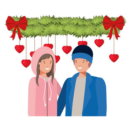 couple with christmas garland avatar character vector illustration desingのイラスト素材