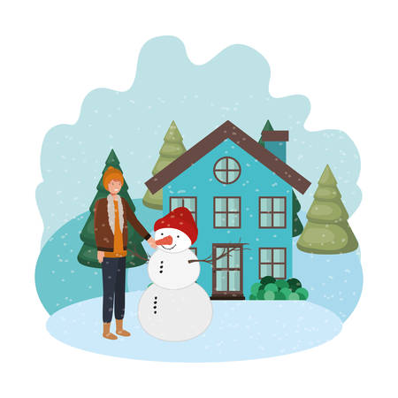 man with snowman and house in winter vector illustration desingのイラスト素材