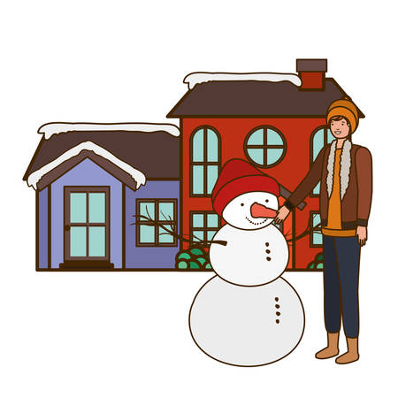 man with snowman outside of the house vector illustration desingのイラスト素材