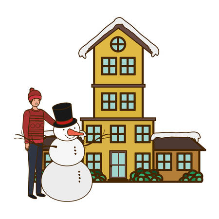 man with snowman outside of the house vector illustration desingのイラスト素材