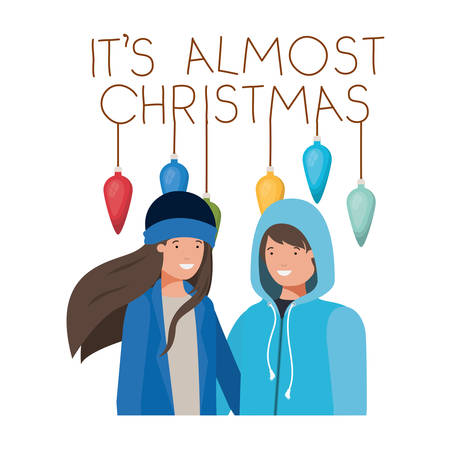 couple with label merry christmas avatar character vector illustration desingのイラスト素材