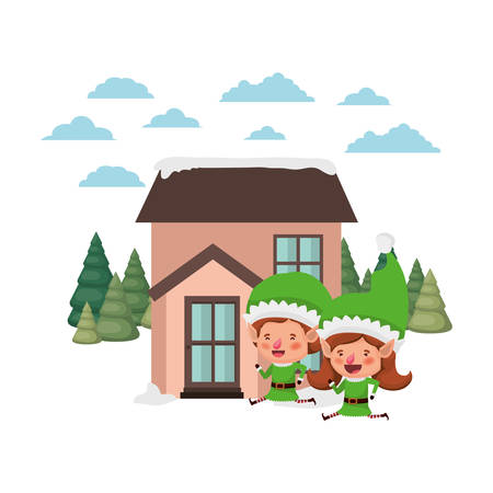 house with pine trees and couple of elves vector illustration designのイラスト素材
