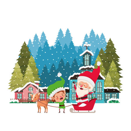 neighborhood with pine trees and santa claus with elf in sleigh vector illustration designのイラスト素材