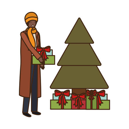 man with christmas tree and gifts boxs vector illustration desingのイラスト素材