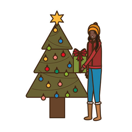 woman with christmas tree and gift box vector illustration desingのイラスト素材