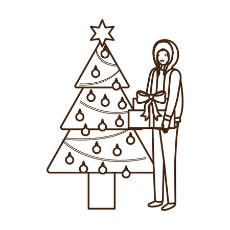 man with christmas tree and gift box vector illustration designのイラスト素材
