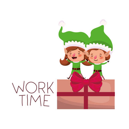 couple of elves with gift box avatar character vector illustration desingのイラスト素材