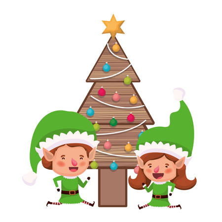 couple of elves with christmas tree vector illustration desingのイラスト素材
