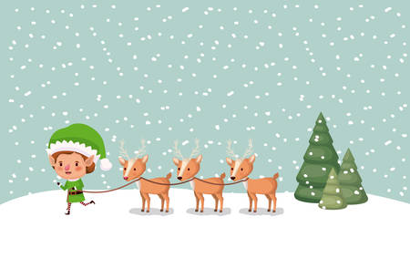 cute santa helper with reindeer in snowscape vector illustration designのイラスト素材