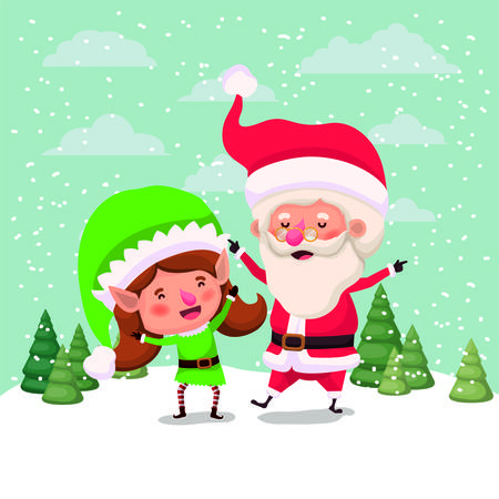 santa claus and girl helper in the snowscape vector illustration designのイラスト素材