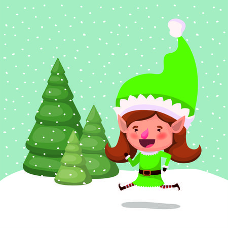 cute girl santa helper in the snowscape vector illustration designのイラスト素材