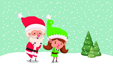 santa claus and girl helper in the snowscape vector illustration designのイラスト素材