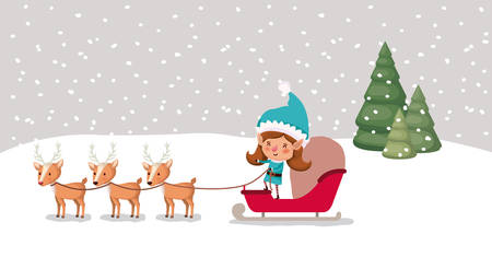 cute girl santa helper with sled and reindeer vector illustration designのイラスト素材