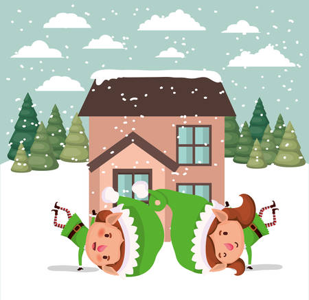 couple santa helpers in snowscape vector illustration designのイラスト素材