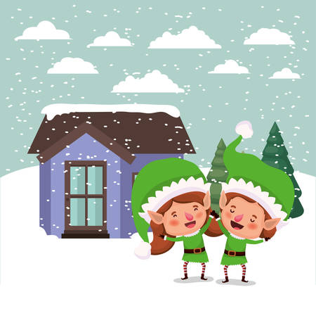 couple santa helpers in snowscape vector illustration designのイラスト素材