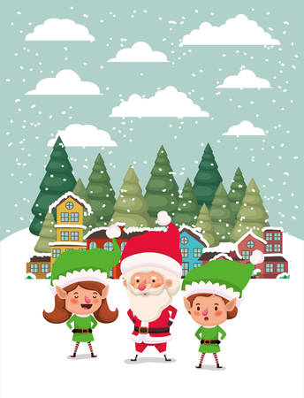 couple helpers with santa claus in snowscape vector illustration designのイラスト素材
