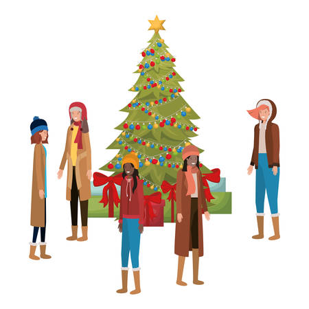 women with christmas tree and gifts avatar vector illustration desingのイラスト素材