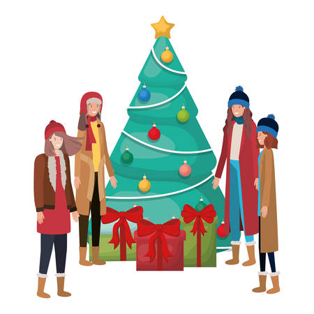 women with christmas tree and gifts avatar vector illustration desingのイラスト素材