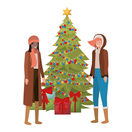 women with christmas tree and gifts avatar vector illustration desingのイラスト素材