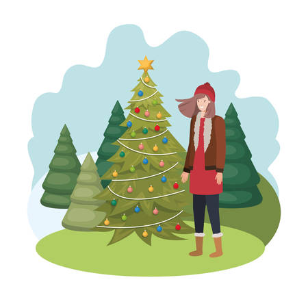 woman with christmas tree in landscape vector illustration desingのイラスト素材