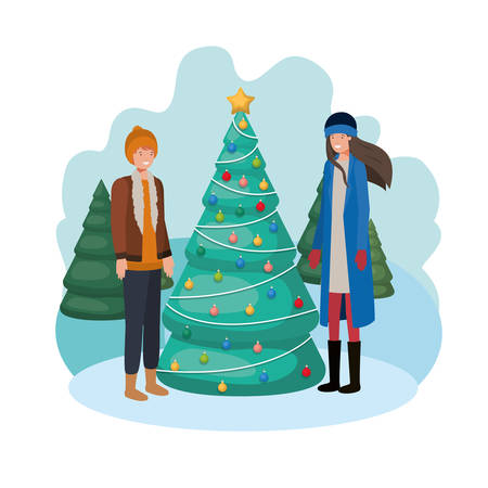 couple with christmas tree in landscape vector illustration desingのイラスト素材