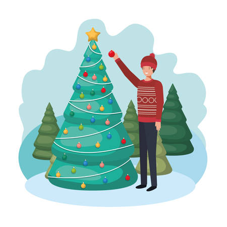 man with christmas tree in landscape vector illustration desingのイラスト素材