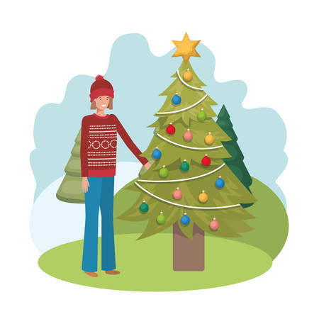 woman with christmas tree in landscape vector illustration desingのイラスト素材