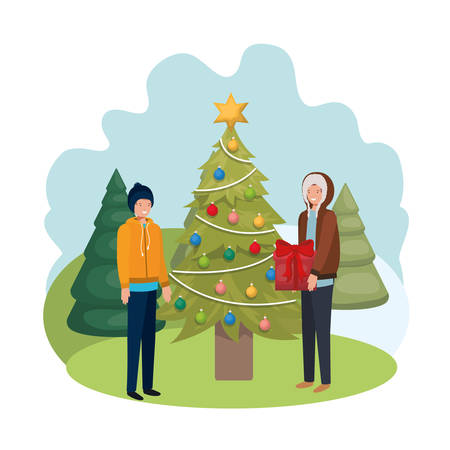 men with christmas tree and gifts avatar vector illustration desingのイラスト素材