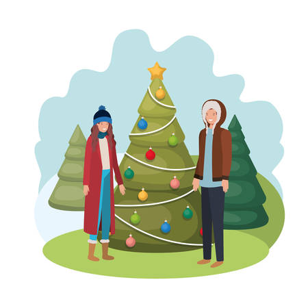 couple with christmas tree in landscape vector illustration desingのイラスト素材