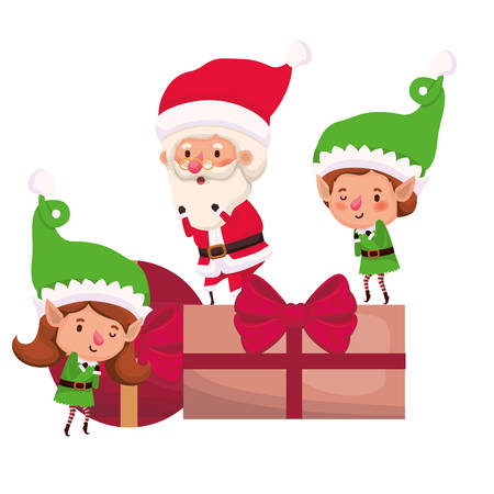couple of elves and santa claus with gifts boxs vector illustration desingのイラスト素材