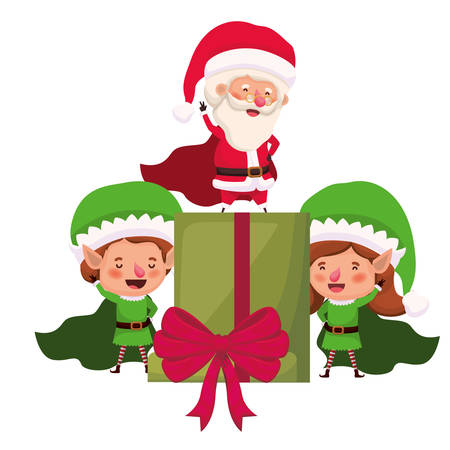 couple of elves and santa claus with gift box vector illustration desinのイラスト素材