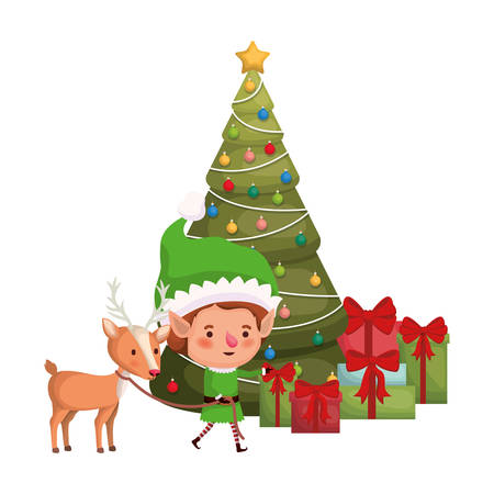 elf with reindeer and christmas tree avatar character vector illustration desingのイラスト素材