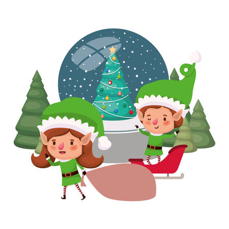 couple of elves with crystal ball vector illustration desingのイラスト素材