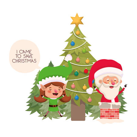 santa claus and elf woman with christmas tree vector illustration desingのイラスト素材